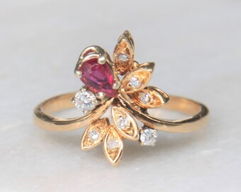 18k Gold Ruby Diamond Flower Ring | Vintage Solid 18k Gold Genuine Gemstone Engagement Unique Ornate Statement Wedding Bridal Gift for Her