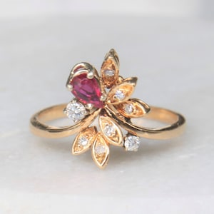 18k Gold Ruby Diamond Flower Ring | Vintage Solid 18k Gold Genuine Gemstone Engagement Unique Ornate Statement Wedding Bridal Gift for Her