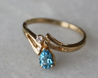 Topaze bleue taille poire 10 carats 10k et bague en diamant | Vintage 10k Or Jaune Véritable Pierre Fiançailles Bague | Taille 7 | Bague Simple Unique Dainty