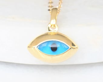 Wide Eye Shape Evil Eye Charm | 10k Yellow Gold Evil Eye Pendant Necklace | Simple Minimalist Evil Eye Amulet | Good Luck Charm