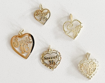 May include: Five gold-colored heart-shaped pendants, each with the words "Sweet 16" in a decorative font. The pendants vary in design, with openwork and textured details. Ideal for jewelry making or as a special gift.