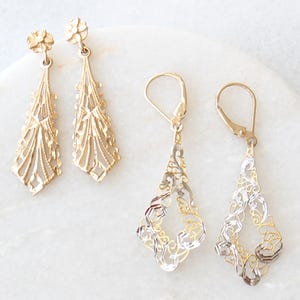 10k Lacy Drop Earrings | Solid Real 10k Gold | Unique Hanging Delicate Dangle & Drop Earrings Wedding Anniversary Bridal Gift for Her