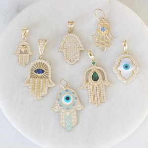 10k Hamsa Hand Charms | Solid 10k Real Gold Evil Eye Pendant Necklace Hand of Fatima Amulet Good Luck Charm Unique Bridal Wedding Gift