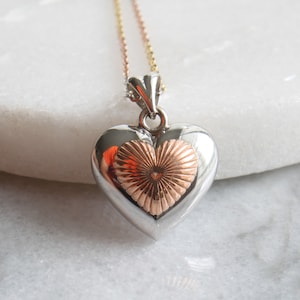 Sunburst Heart Pendant | 10k Two Tone Rose Gold and White Gold Charm | Polished Unique Heart Necklace | Anniversary Birthday Gift Idea