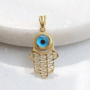 10k Gold Hamsa Hand Charm | 10k Yellow Gold Evil Eye Pendant Necklace | Hand of Fatima Amulet | Good Luck Charm | Unisex Gift Idea