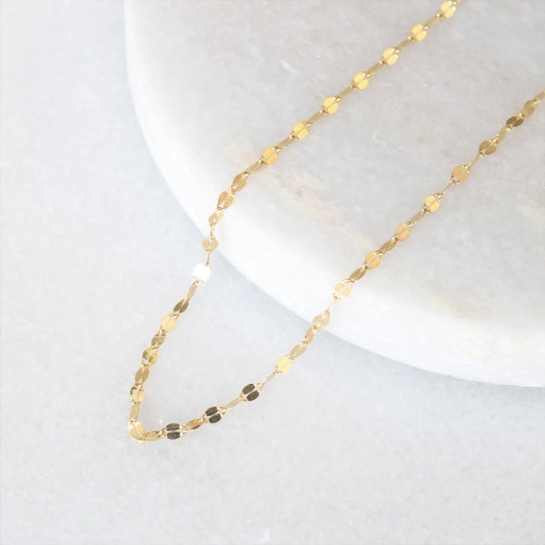 10k Sparkle Sequin Chain | 10 Karat Solid Genuine Yellow Gold Round Disc Mirror Coin Necklace | Dainty Minimalist Thin Link Shimmering Gift