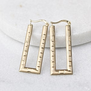 Long Rectangle Etched Vintage Earrings | Solid 10k Yellow Gold