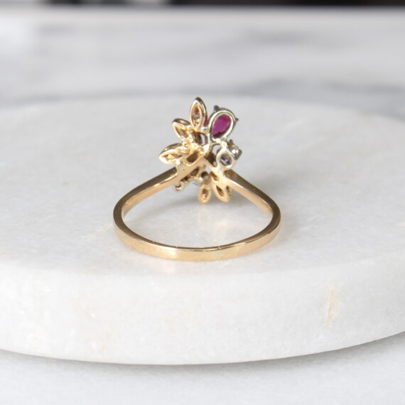18k Gold Ruby Diamond Flower Ring | Vintage Solid… - image 7