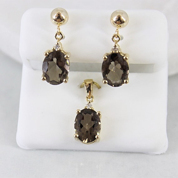 Hanging Smoky Quartz Diamond Earrings Pendant Set | Solid 10k Yellow Gold Genuine Germx Dangle & Drop Earrings Unique Bridal Wedding Gift