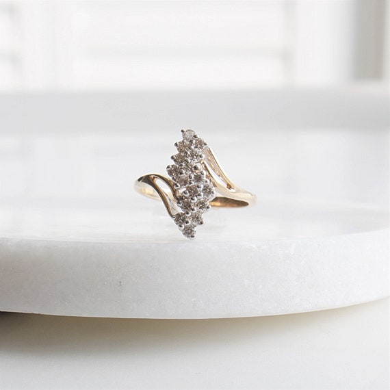 14k Diamond Cluster Bypass Ring | Vintage Solid 1… - image 3