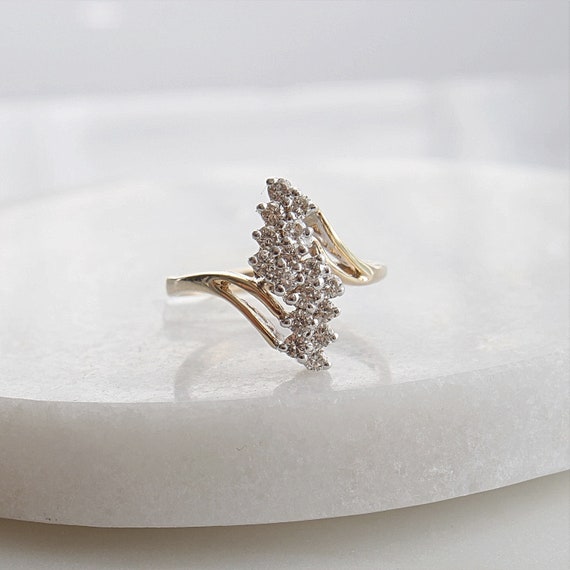 14k Diamond Cluster Bypass Ring | Vintage Solid 1… - image 1