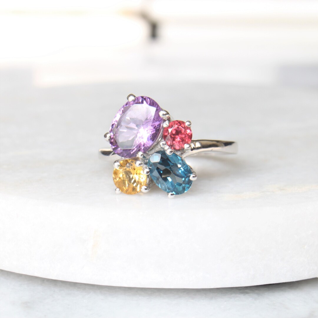 10k Gold Multi Gemstone Cluster Ring White Gold Genuine Gems Unique