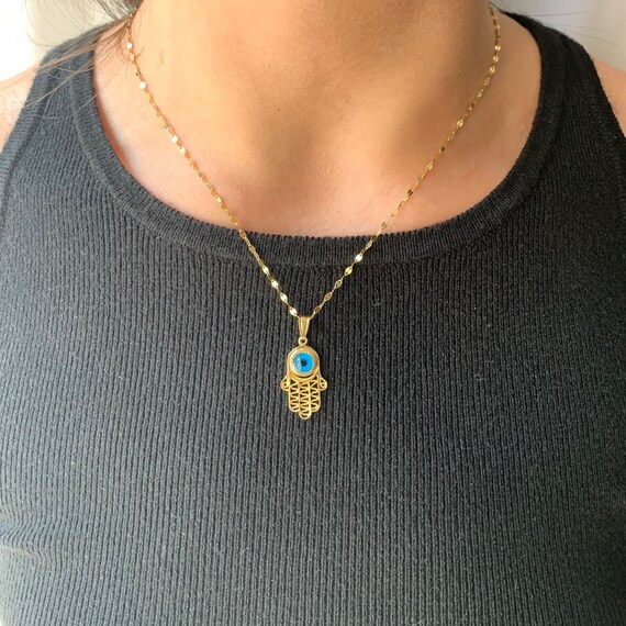 10K Gold Hamsa Hand Charm 10K Yellow Gold Evil Eye Pendant Necklace Hand of Fatima Amulet Good Luck Charm unisex Gift Idea