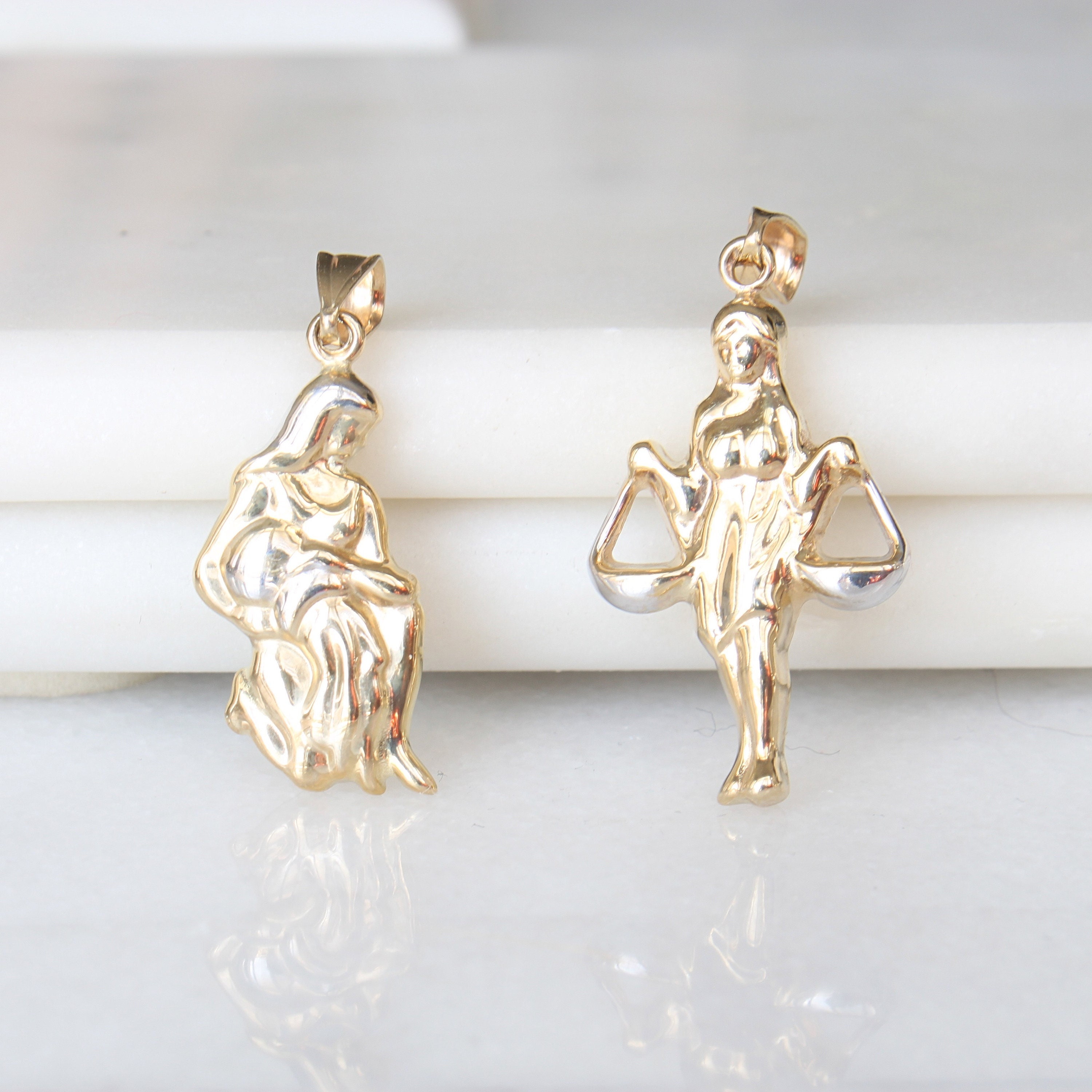 10k Zodiac Charm Pendants | 10k Yellow and White Gold | Genuine 3D Horoscope Astrology Libra Aquarius Necklace Gift for Him Her