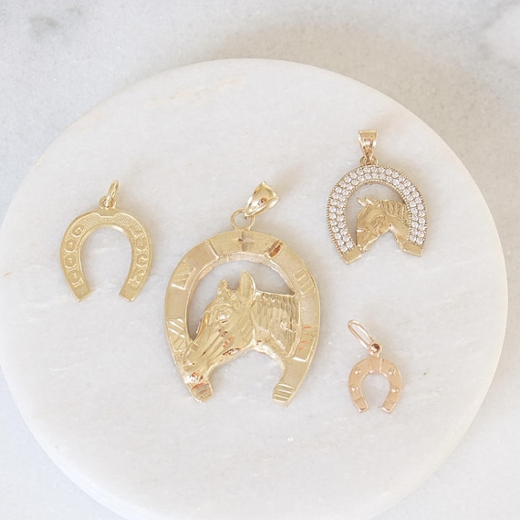10k 14k Lucky Horseshoe Charms | menkDÜKE - Solid 10k 14k Genuine Real Gold Good Luck Horse Pendant Necklace Bridal Wedding Gift for Her Him