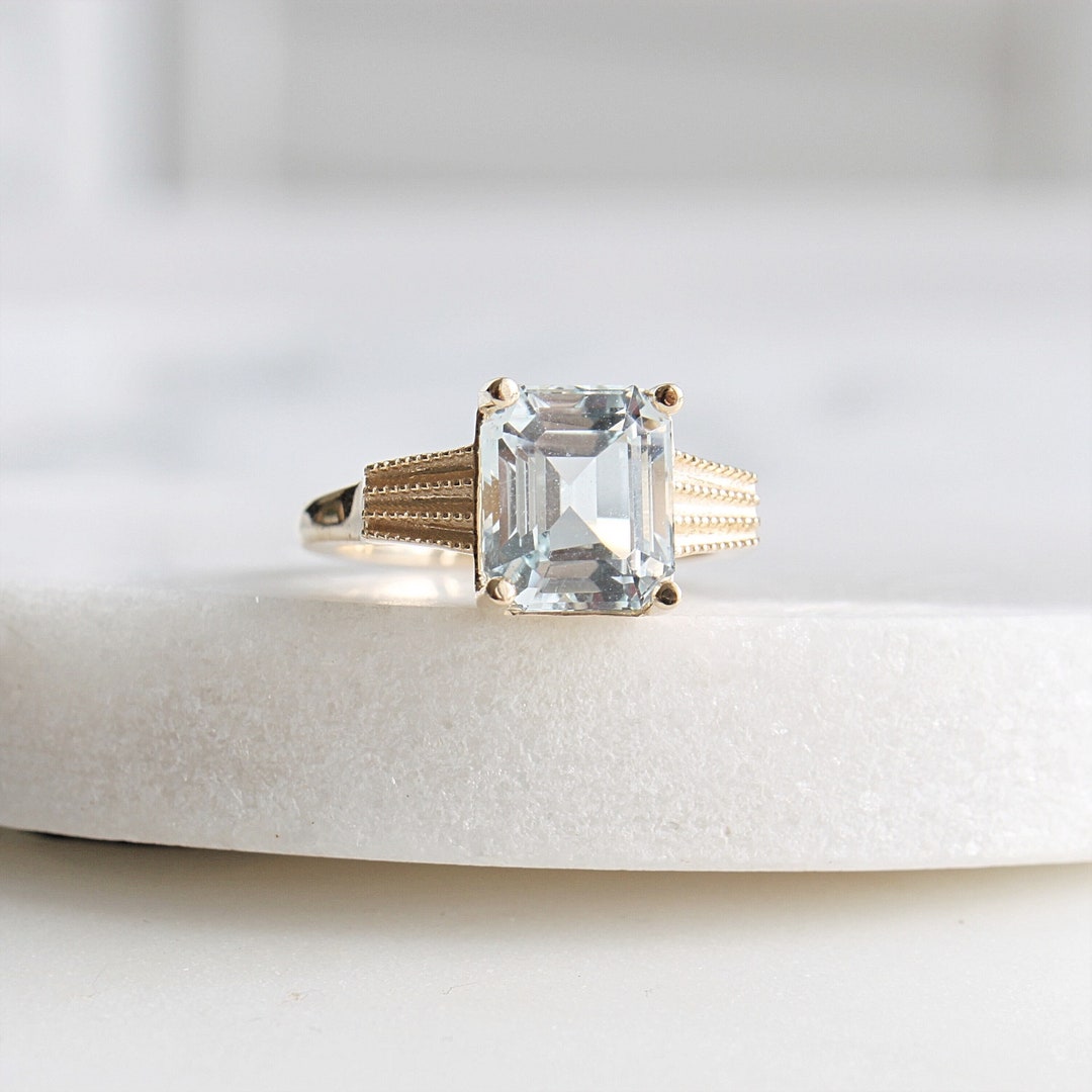 14k Aquamarine Ring | Solid 14 Karat Yellow Gold Emerald Cut Rectangle ...