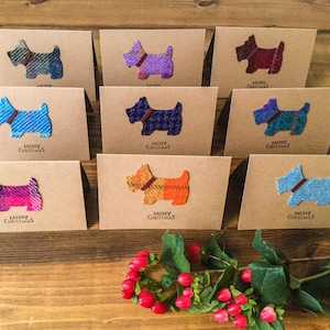 Cartão de Natal em tecido Harris Tweed com estampa de cachorro Scottie