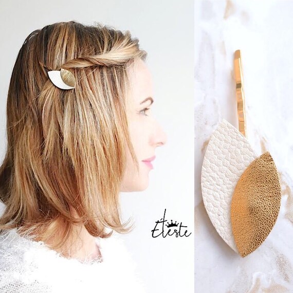 Flat Hair Clip Leather White And Gold Wedding Party Original Etsy