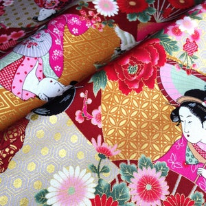 Japanischer Stoff, traditionelles Muster Blumen und UKIYOE, roter Hintergrund, Baumwolle 110x50 (169B)
