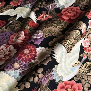 Japanese fabric, traditional Crane pattern, black background, cotton 110cmx50cm (295C)