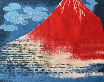 Tissu japonais, motif traditionnel Mont FUJI, fond bleu marine, coton, panneau 110x48 (324E)