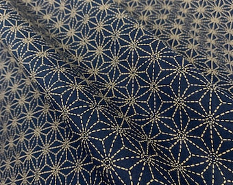 Tissu japonais, motif traditionnel ASANOHA beige, fond bleu marine, coton 110x50 (193A2)