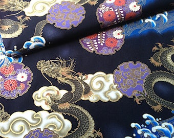 Japanese fabric, traditional DRAGON pattern, black cotton background 110x50 (257B)
