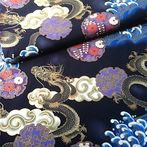 Tissu japonais, motif traditionnel DRAGON, fond noir coton 110x50 (257B)