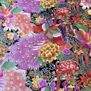 Japanese fabric, traditional pattern, large flower and peacock, black and silver background, cotton 110x50 (252E)