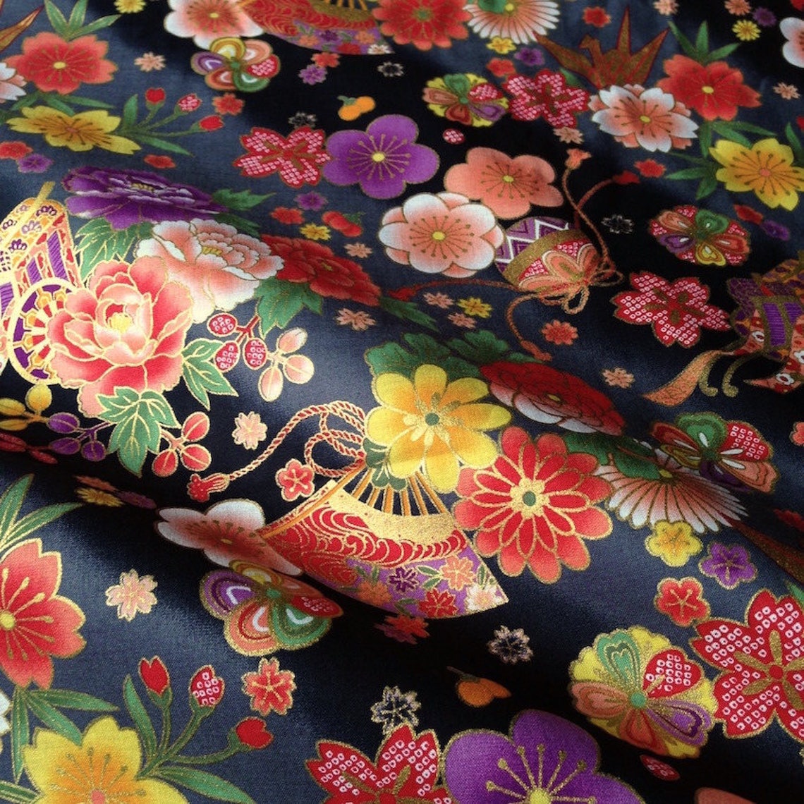 Japanese Fabric Flowers Black Background Cotton 110 X 50 Etsy