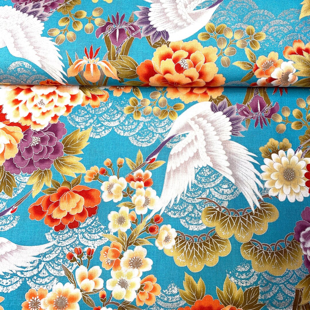 Japanese Fabric, Traditional Crane Pattern, Blue Background, Cotton ...