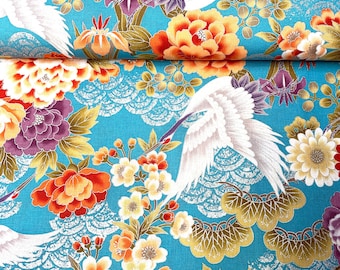 Japanese fabric, traditional crane pattern, blue background, cotton 110x50 (295F)