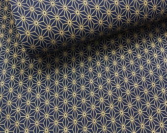 Japanese fabric, traditional gold ASANOHA pattern, navy blue background, cotton 110cmx50cm (241B)