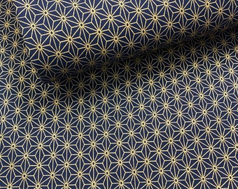 Tissu japonais, motif traditionnel ASANOHA doré, fond bleu marine, coton 110cmx50cm (241B)