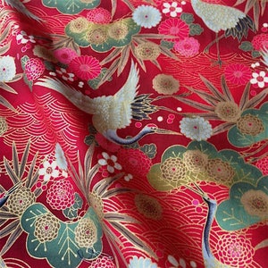 Japanese fabric, traditional Crane pattern, red background, cotton 110cmx50cm (172D)