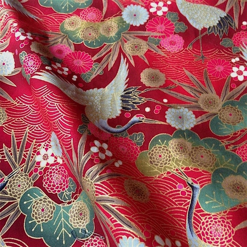 Japanese Fabric Traditional Crane Pattern Red Background - Etsy
