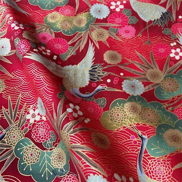 Tissu japonais, motif traditionnel Grue, fond rouge, coton 110cmx50cm (172D)