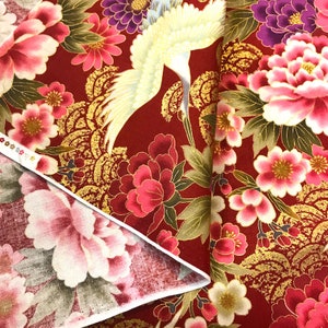 Tissu japonais, motif traditionnel Grue, fond rouge, coton 110cmx50cm 295D image 2