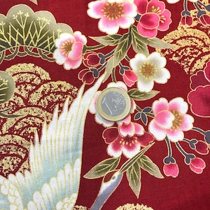 Tissu japonais, motif traditionnel Grue, fond rouge, coton 110cmx50cm 295D image 5