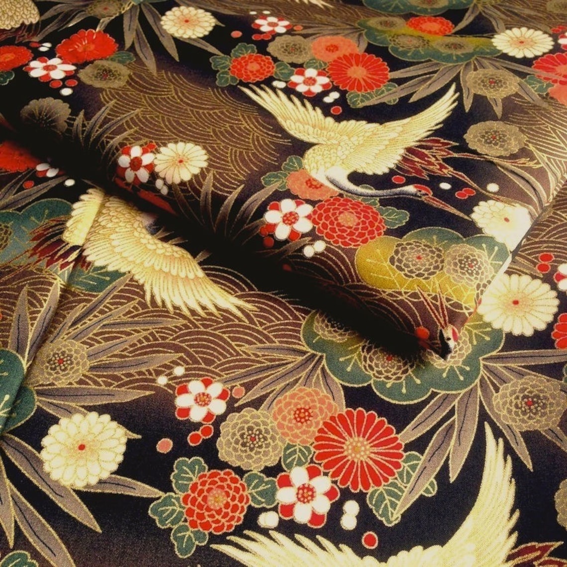 Japanese Fabric Traditional Crane Pattern Brown and Black Etsy