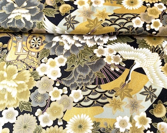 Japanese fabric, traditional crane and flowers pattern, black background, cotton 110x50 (254F)