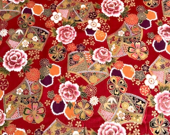 Japanese fabric, traditional flowers and fans, a red background 110 x 50 (076C)