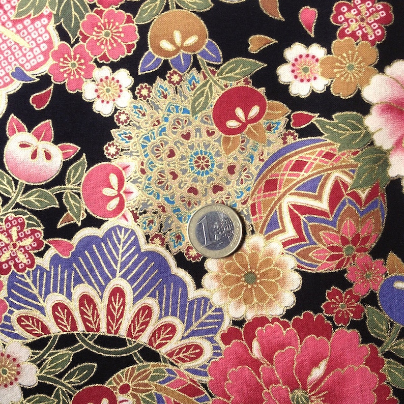 Japanese fabric traditional flower pattern black background | Etsy