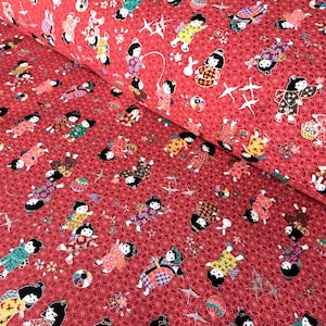 Japanese fabric, traditional little girls pattern, red background, cotton 110x50 (367B)