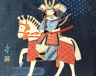 Japanese fabric, traditional SAMURAI pattern, navy blue background, cotton, 110x48 panel (324F)