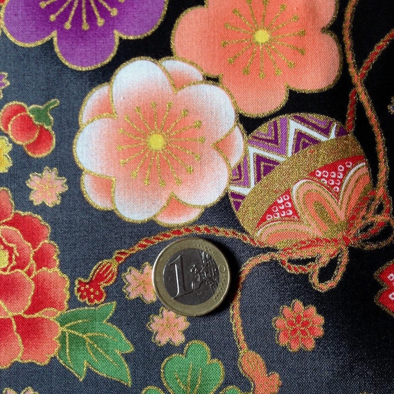 Japanese Fabric Flowers Black Background Cotton 110 X 50 Etsy