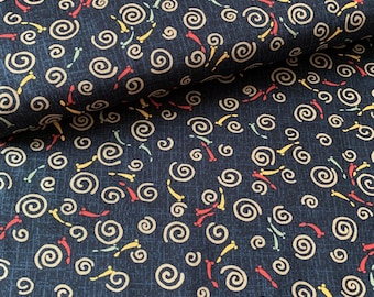 Tissu japonais, motif traditionnel Uzumaki et poisson, fond bleu marine, coton 110x50 (433)