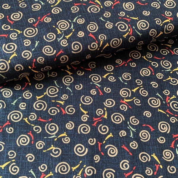 Tissu japonais, motif traditionnel Uzumaki et poisson, fond bleu marine, coton 110x50 (433)