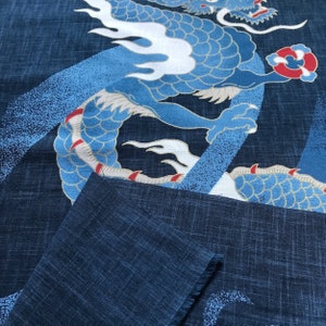 Japanese Fabric, Traditional CARPE and DRAGON Pattern, Navy Blue ...