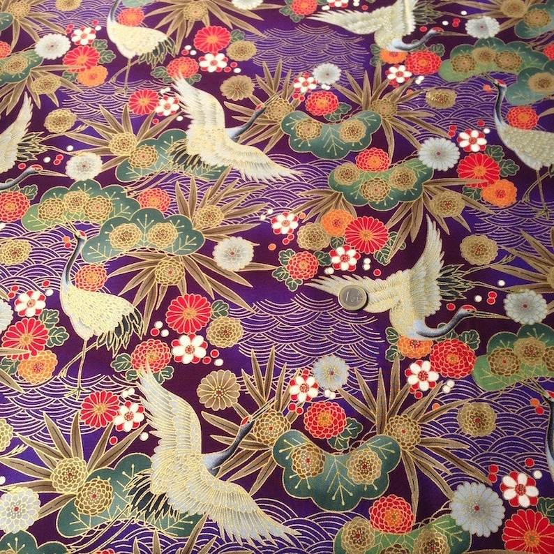 Japanese Fabric Traditional Crane Pattern Purple Bottom - Etsy Sweden